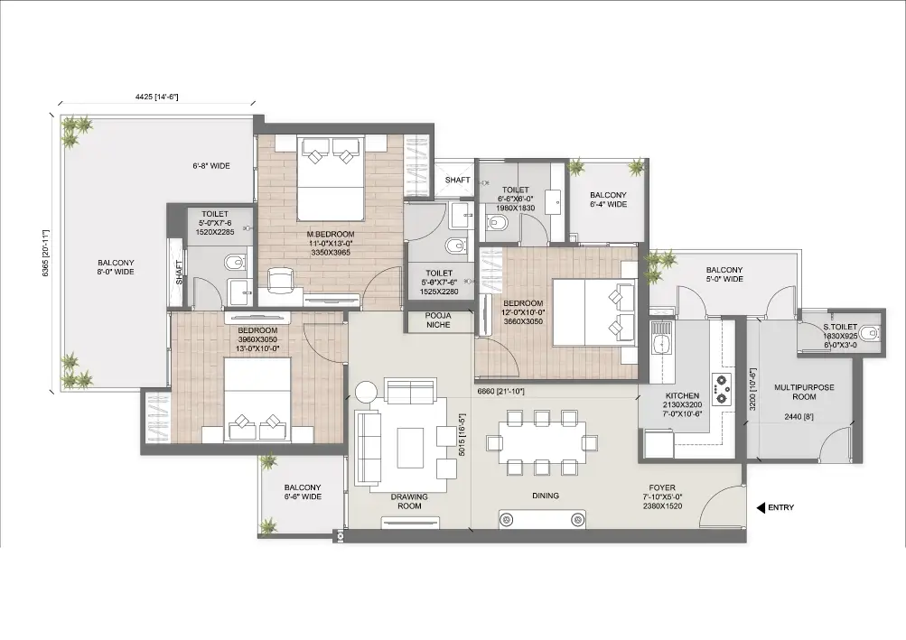 3 BHK Type 2 apartment floor plan