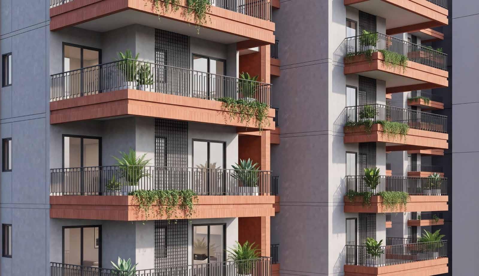 Close view of corner balcony architecture